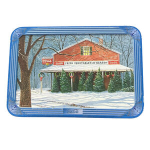 Vtg '03 Coca Cola Coke Christmas Tree Farm Barn Tin Box Jim Harrison Hinged Lid